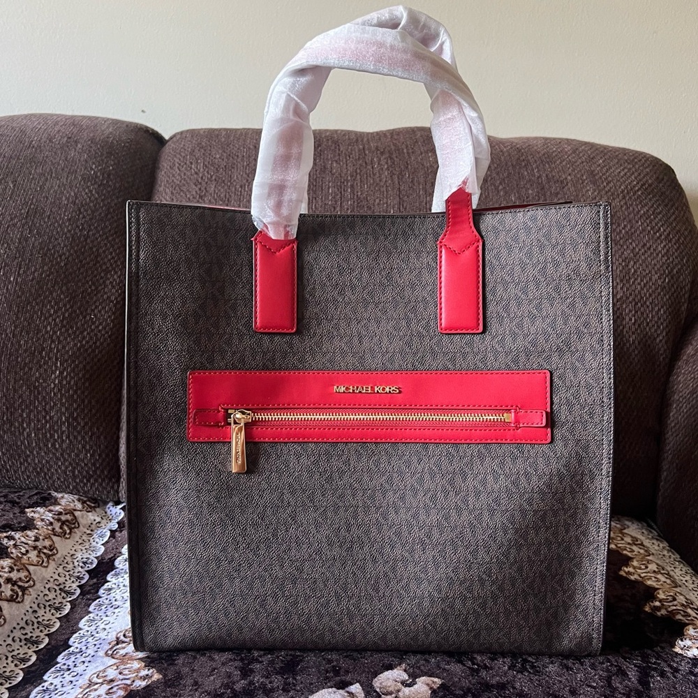 MICHAEL KORS Signature Logo Kenly Large LS Convertible Tote Bag NWT - Flame